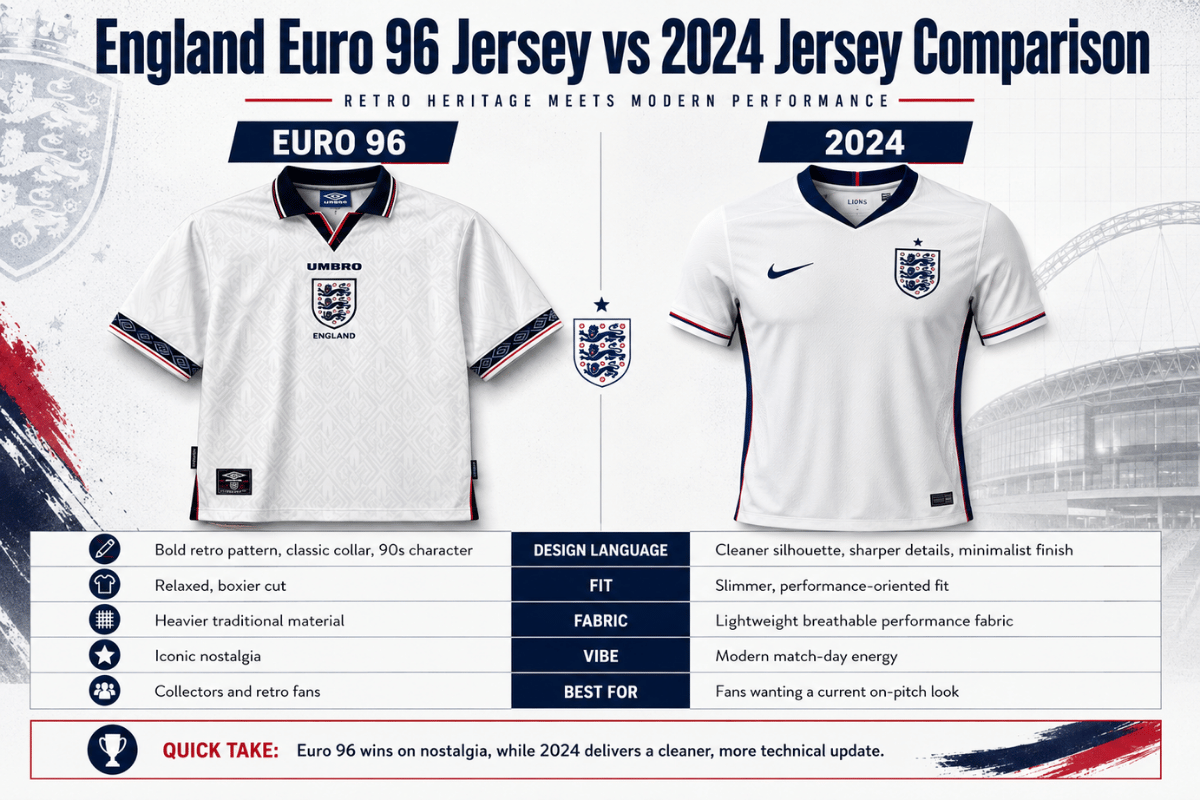 Angleterre Euro 96 Jersey vs 2024 Jersey Comparaison