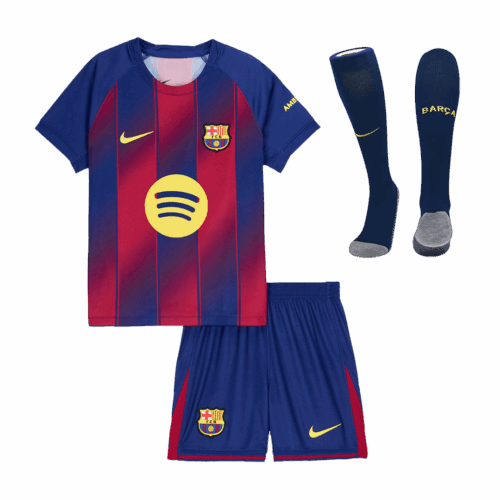 Barcelona Home Kids Soccer Jerseys Full Kit 2025 26 Front
