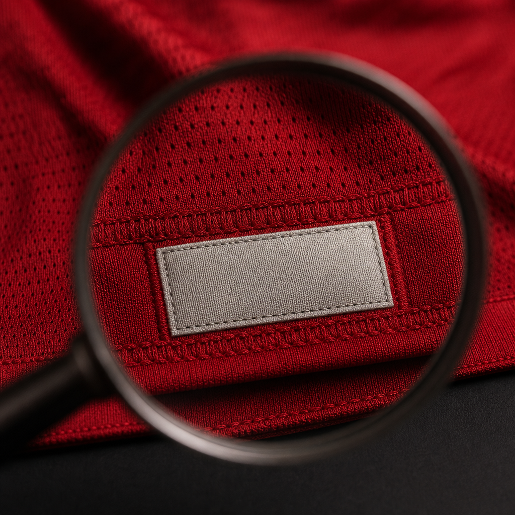 Authenticating a football shirt — inspecting stitching and the woven label