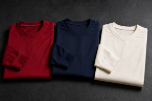 Long sleeve soccer jerseys in red, navy and cream folded on a dark surface