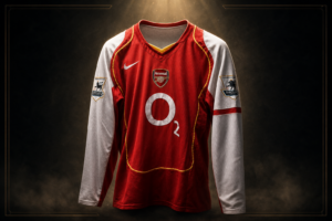 Camiseta local del Arsenal de manga larga de la época de Thierry Henry, expuesta como cartel