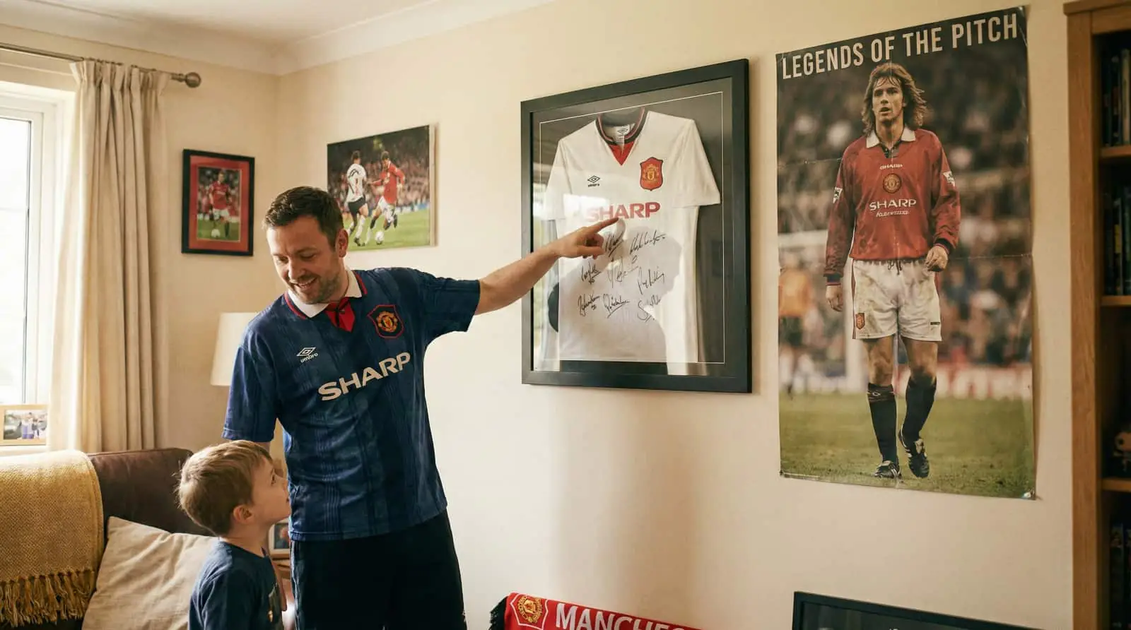Father and son looking at a signed classic Manchester United shirt collection