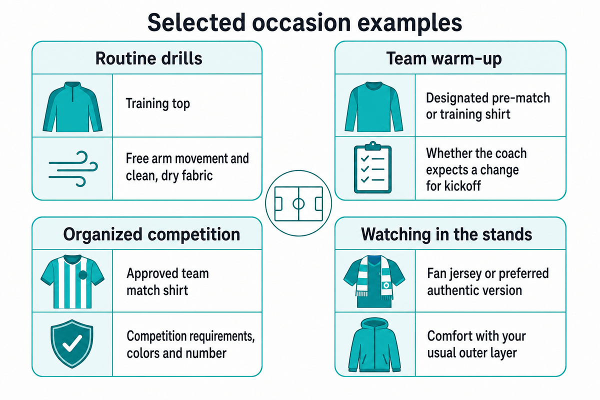 Quatre occasions de maillot sélectionnées avec des choix de départ et des contrôles appropriés.