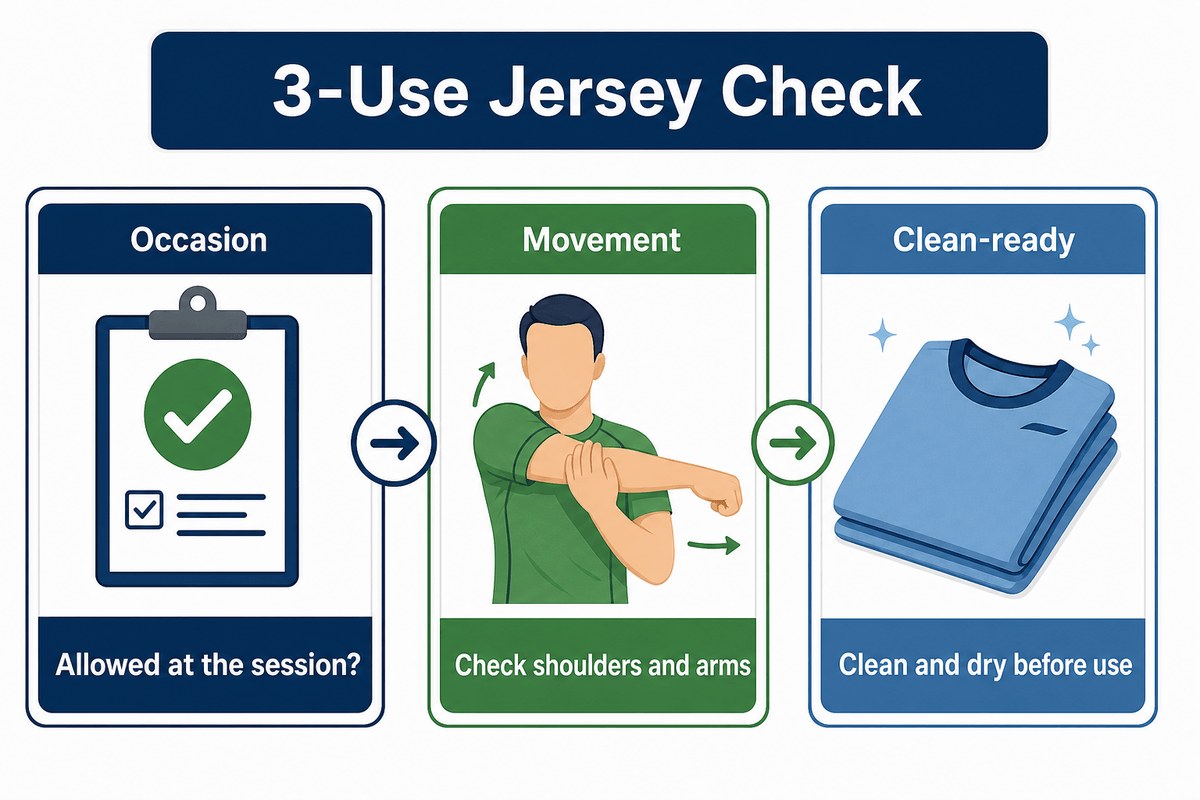 Vérification du maillot à trois usages : autorisation de session, mouvement des épaules et des bras et préparation propre à sec.