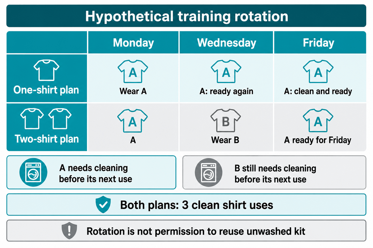 Calendrier hypothétique complet lundi, mercredi, vendredi : A A A avec un seul maillot ou A B A avec deux ; tous les maillots portés doivent quand même être lavés.