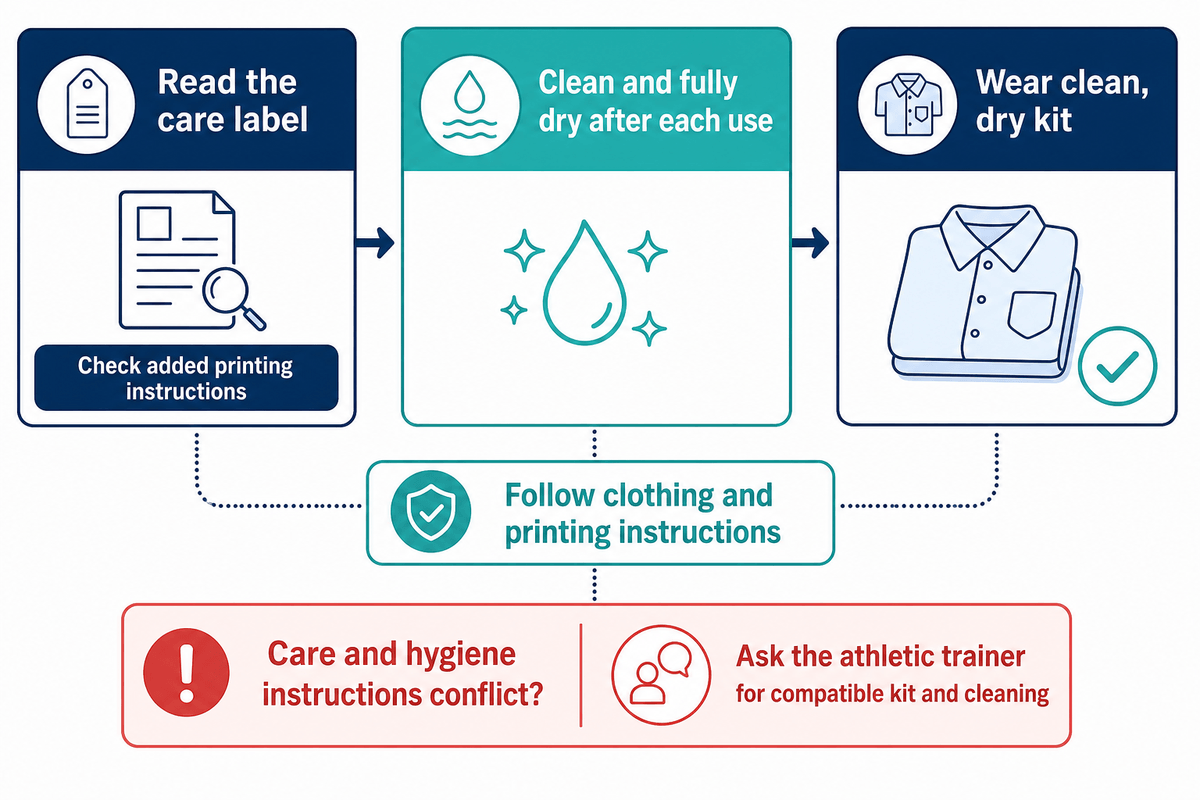 Lisez les instructions de vêtement et d'impression, nettoyez et séchez complètement après l'usure et demandez à l'entraîneur sportif lorsque les exigences en matière de soins et d'hygiène entrent en conflit.