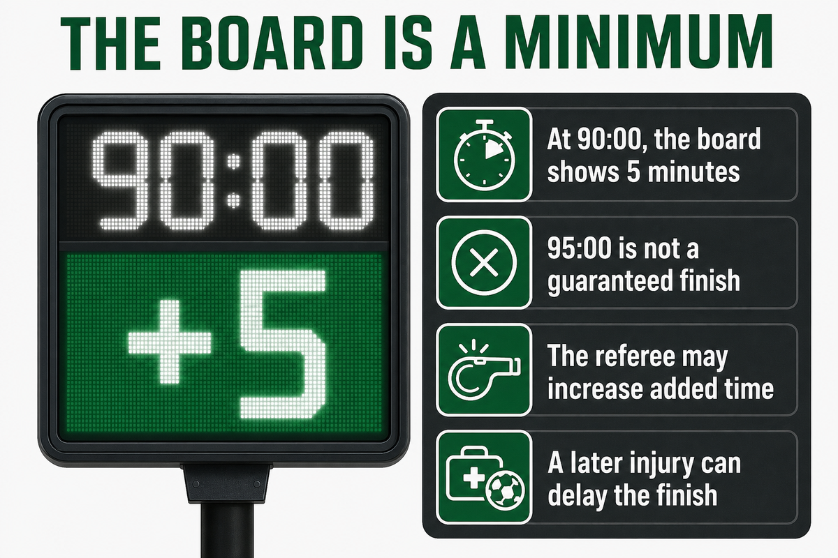Five minutes shown at 90:00 does not guarantee a 95:00 finish. IFAB Law 7.