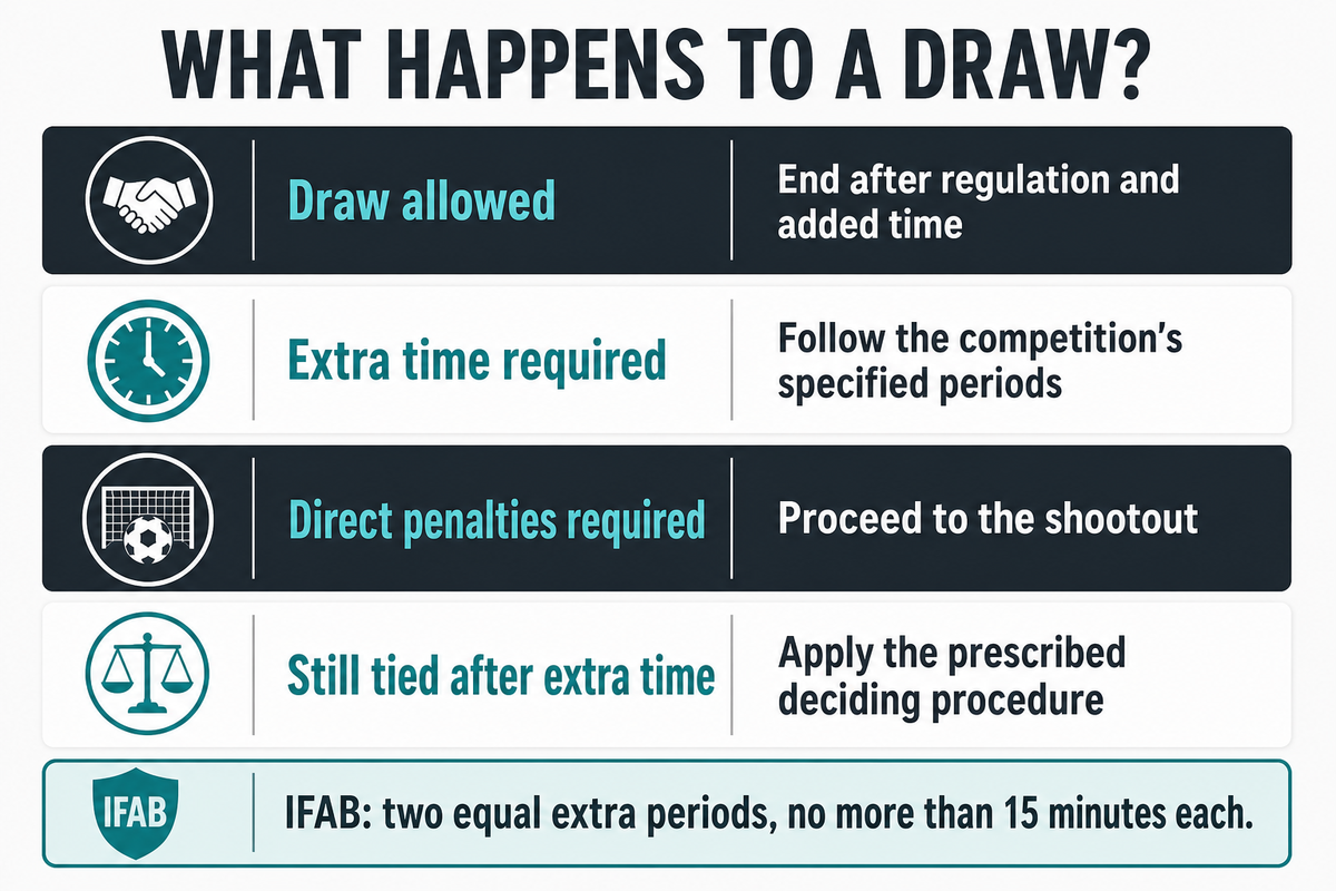 A draw may stand or trigger extra time or penalties under competition rules. IFAB Law 10.