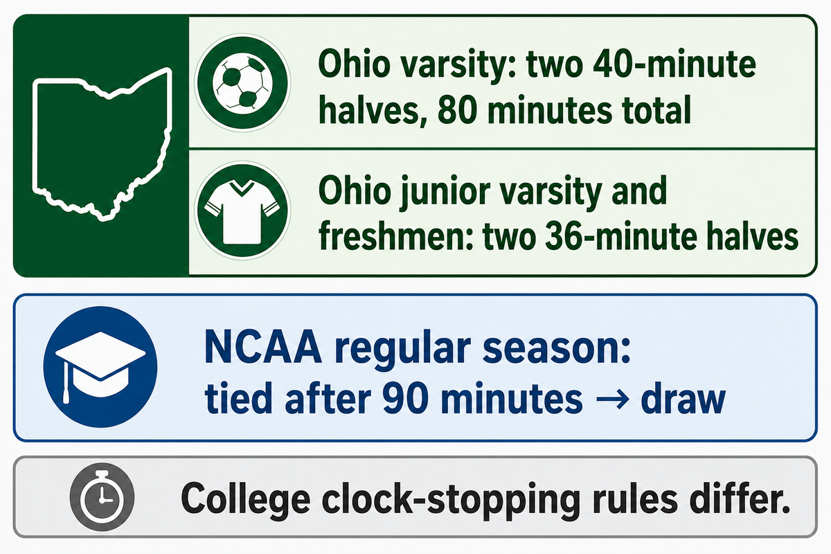 Ohio halves differ by team level; NCAA regular-season draws stand after 90 minutes. OHSAA and NCAA.