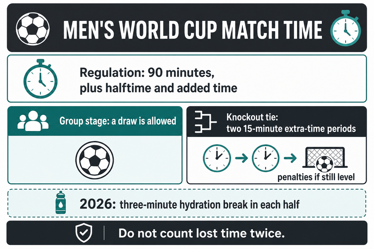 World Cup knockout ties can need extra time and penalties; 2026 hydration breaks add stoppages. FIFA.