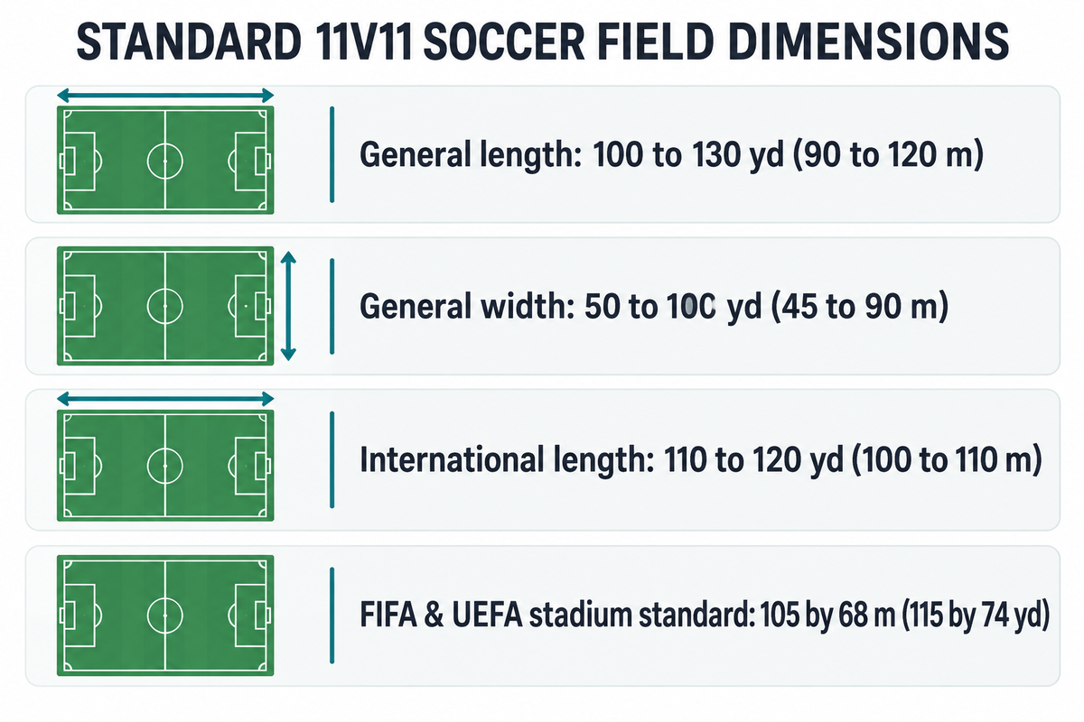 Dimensions standard d'un terrain de football à 11v11 comparant les fourchettes générales et internationales de la Loi 1 de l'IFAB avec la norme FIFA de 105 par 68 mètres.