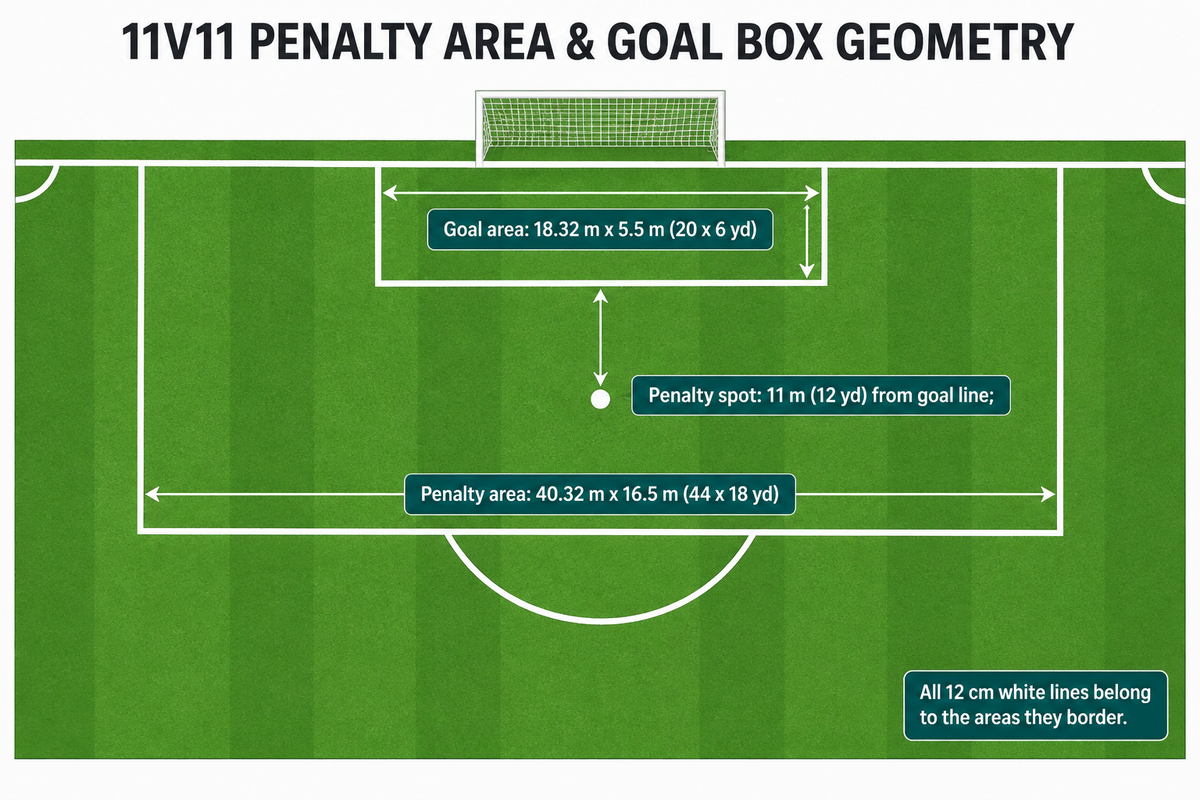 Schéma de la Loi 1 de l'IFAB indiquant la surface de réparation de 40.32 par 16.5 mètres, la surface de but de 18.32 par 5.5 mètres et le point de penalty à 11 mètres.
