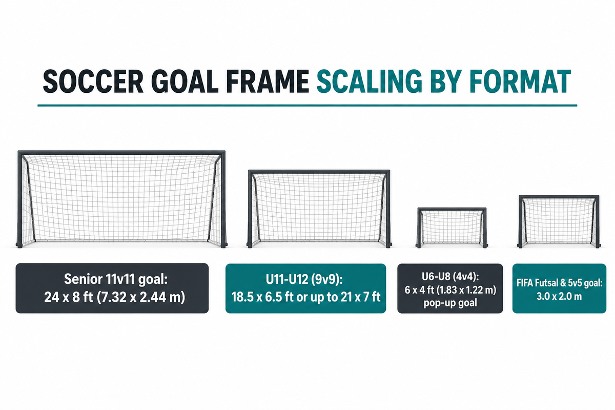 Dimensions des buts de football comparant les buts seniors de 24 par 8 pieds avec les cages U11-U12 9v9, U6-U8 4v4 et futsal de 3 par 2 mètres.