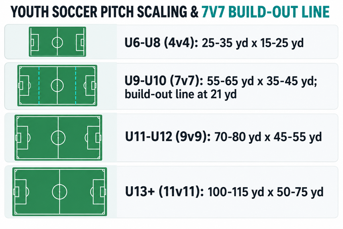 Tableau des dimensions des terrains de football jeunes de U6 4v4 à U13+ 11v11 incluant la ligne de relance à 7v7 située à 21 yards.
