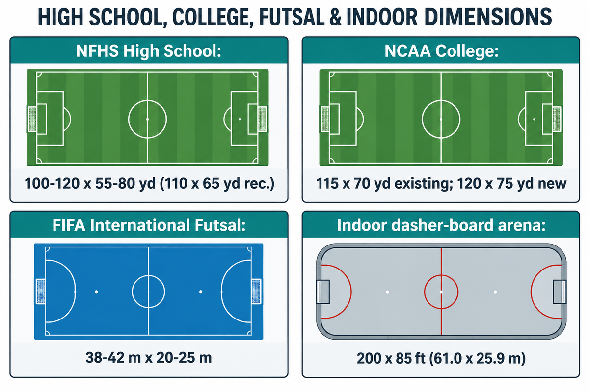 Comparaison des dimensions des terrains de lycée NFHS, d'université NCAA, de futsal international FIFA et de football en salle nord-américain.