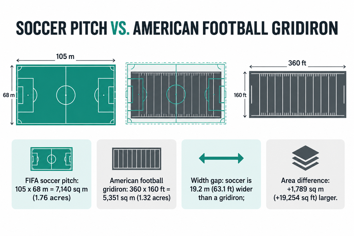 Comparaison de surface montrant qu'un terrain de football FIFA de 105 par 68 mètres est 19.2 mètres plus large et 1 789 mètres carrés plus grand qu'un terrain de football américain.
