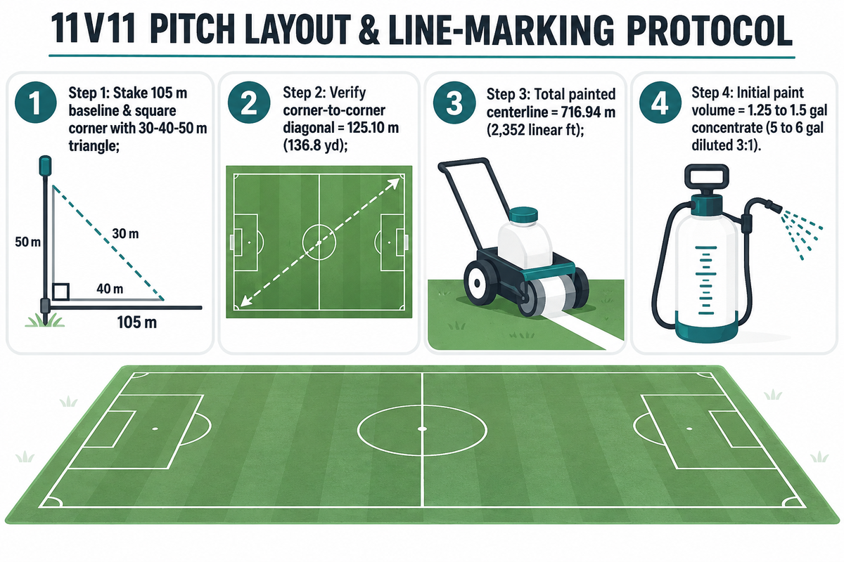 Protocole en quatre étapes pour le traçage d'un terrain de football à 11v11 montrant le triangle d'angle 30-40-50 mètres, le contrôle diagonal de 125.10 mètres et le calcul de 716.94 mètres linéaires de peinture.