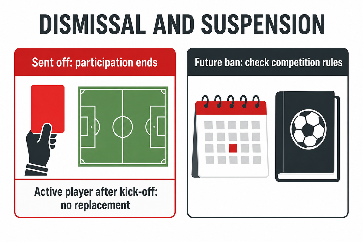 A dismissal ends participation; future bans depend on competition rules. Source: IFAB Law 12 and UEFA Article 63.