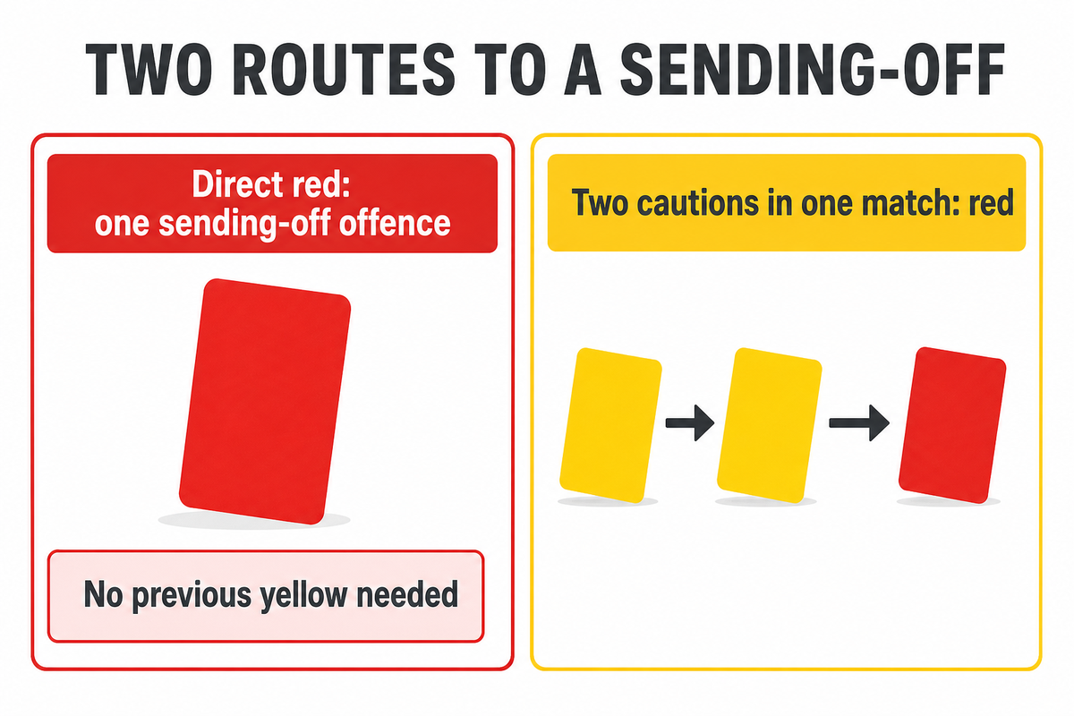 A direct red needs no previous yellow; two cautions in the same match also mean dismissal. Source: IFAB Law 12.