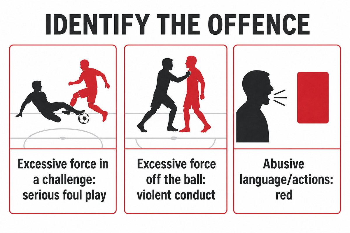Serious foul play and violent conduct warrant red; ordinary dissent has a different sanction. Source: IFAB Law 12.