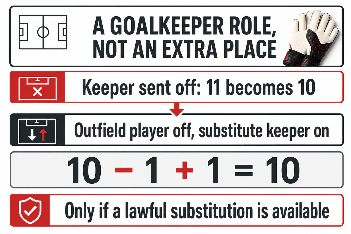 After a goalkeeper red, withdrawing a player for a lawful keeper substitute still leaves 10. Source: IFAB Law 3.