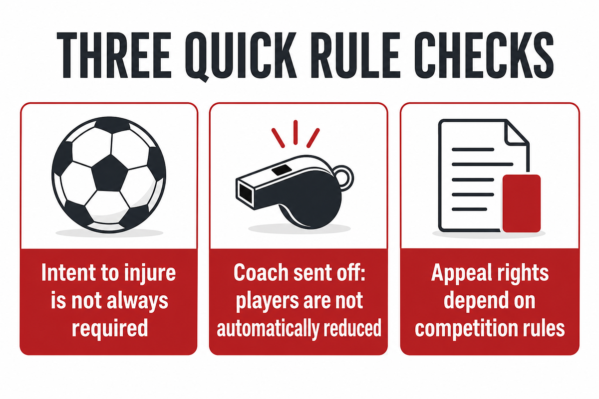 Intent, coach dismissals and appeal procedures need separate checks. Source: IFAB Laws 5 and 12; competition rules.